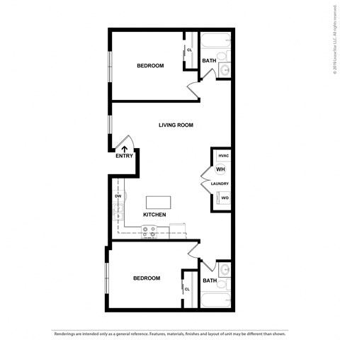 Floor plan for 2 beds, 2 baths, 913 sqft